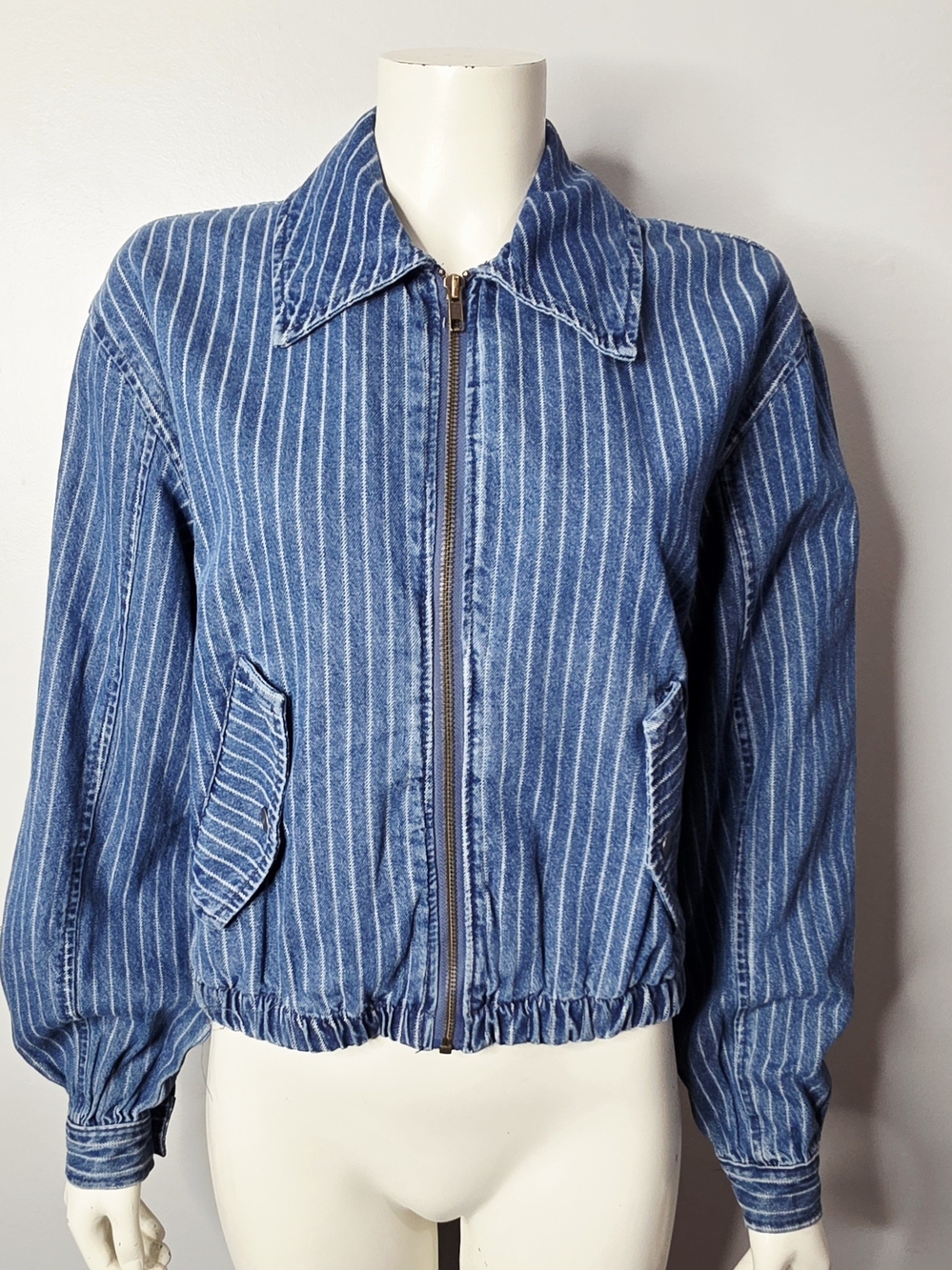 NWT French Connection Cherrie Pinstripe Denim Bomber Jacket - Size S